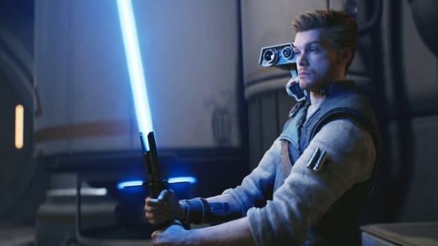 A jedi knight wielding his lightsaber.